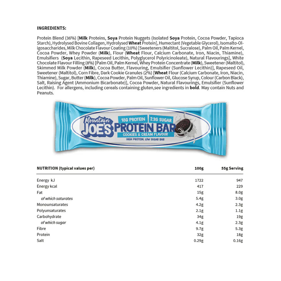 Mountain Joe's Protein Bar - 12 x 55 g Chocolate Cookie Cream