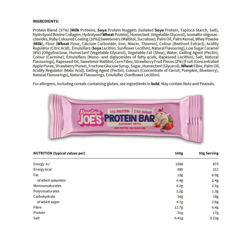 Mountain Joe's Protein Bar - 12 x 55 g Raspberry Ripple