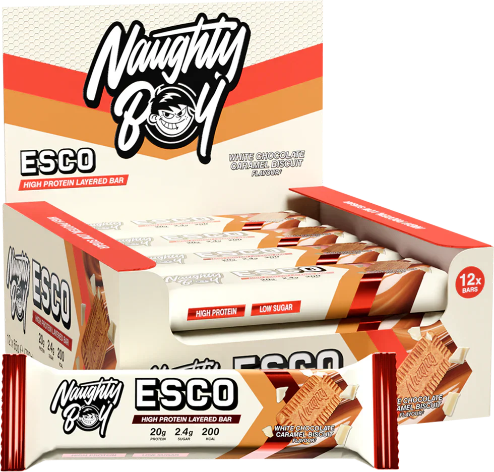 Naughty Boy ESCO Bar - 12 x 65 g White Chocolate Caramel Biscuit