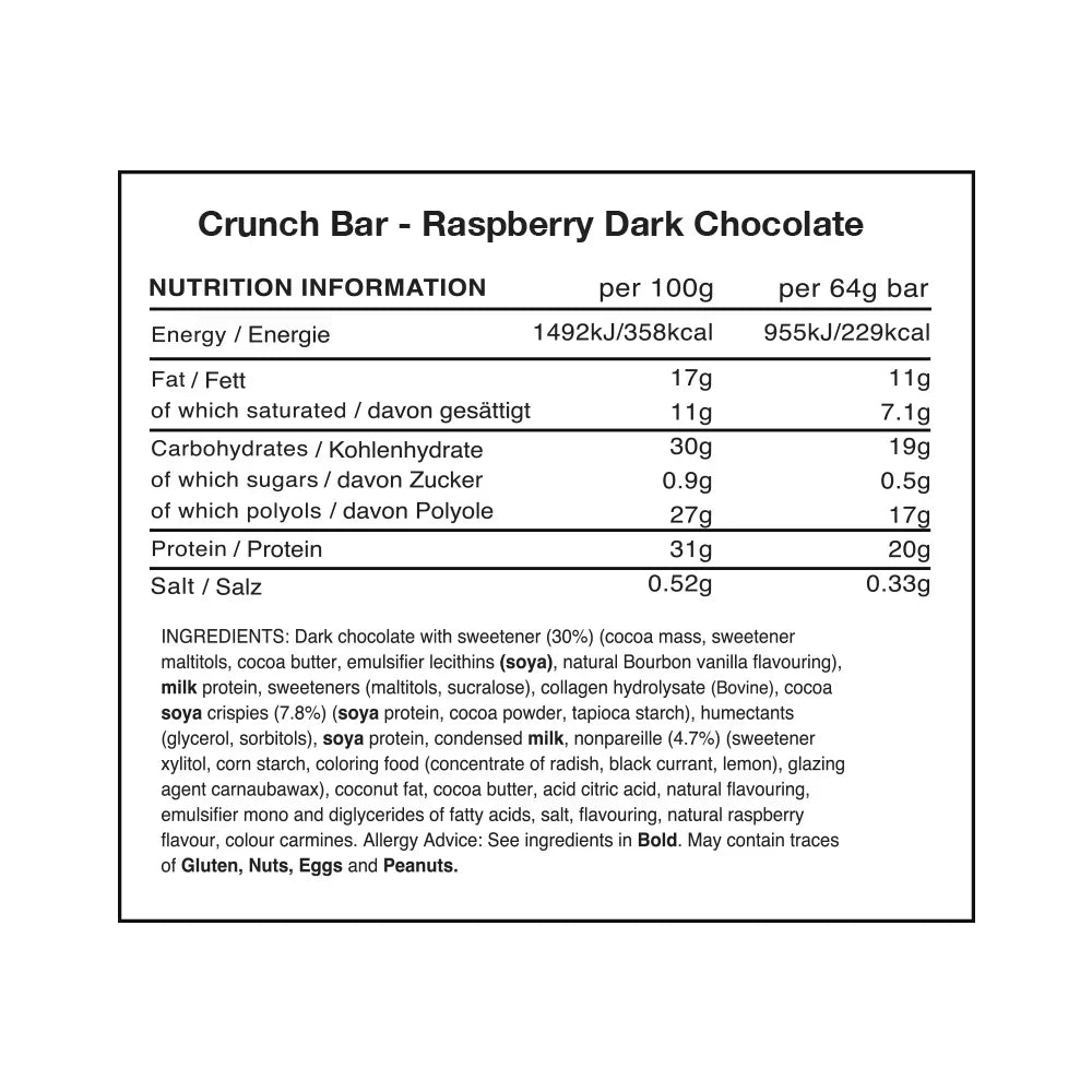 Warrior Crunch Bar - 12 x 64 g Raspberry Dark Chocolate