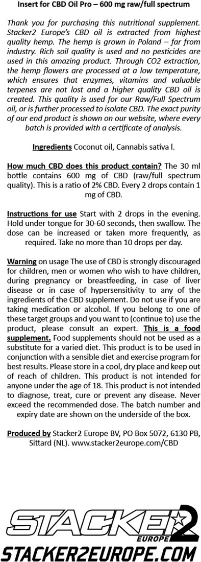 Stacker2 CBD Oil Pro - 600 mg RAW - 30 ml